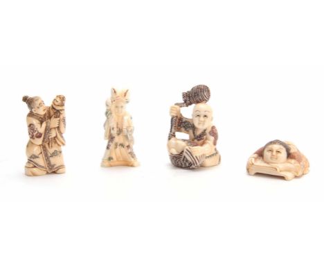 A COLLECTION OF FOUR EARLY 20th CENTURY IVORY NETSUKE sculptured as various figures all with character marks, (4)