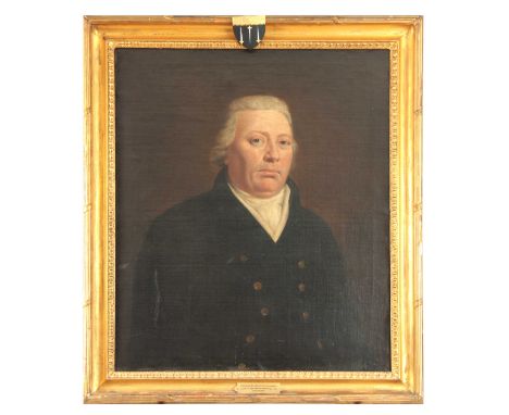 A GEORGE II PORTRAIT. OIL ON CANVAS. with plaque on frame reading "Abraham Rawlinson of Lancaster, Lord of the Manor of Gresg