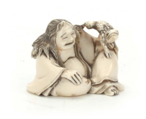 A MEIJI PERIOD JAPANESE IVORY NETSUKE modelled as Gama Sennin with toad 32mm high, signature to underside