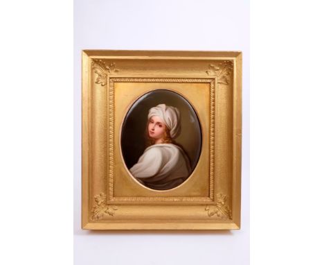 Late 19th century KPM Berlin porcelain oval plaque finely painted with a portrait of Beatrice Cenci after Guido Reni - wearin