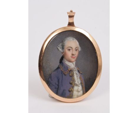 Manner of John Smart (1740 - 1811), miniature watercolour on ivory - half-length portrait of a gentleman in powdered wig and 