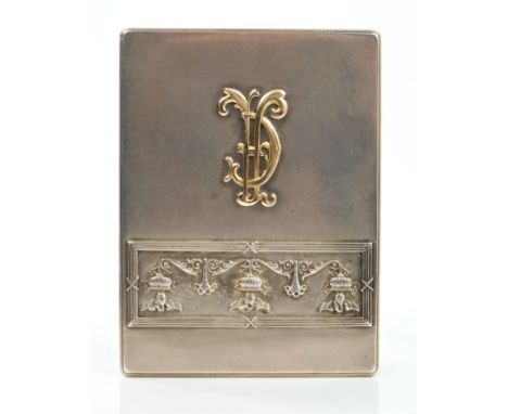 Imperial Russian silver cigarette box of rectangular form, silver gilt interior, hinged cover with neoclassical decorated rai