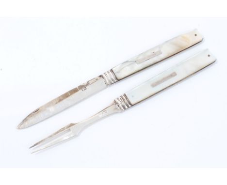Georgian silver-bladed folding fruit knife and fork with mother of pearl handles, marked on blades (2)