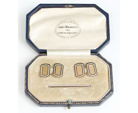 Pair 1920s Art Deco gold (9ct) and enamel cufflinks and tie bar, in fitted case, retailed by James Walker Ltd   CONDITION REP