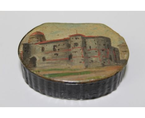 Late Georgian papier mâché snuff box decorated with a scene of Colchester Castle, 6cm wide