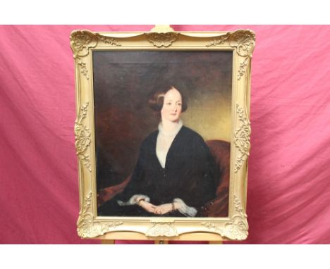 Victorian English School oil on canvas - portrait of a seated lady, in gilt frame, 49cm x 39.5cm