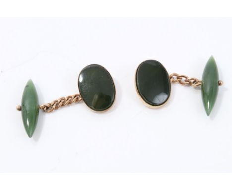 Pair Nephrite jade / green hardstone cufflinks with yellow metal mounts, stamped 9ct   CONDITION REPORT  Each oval panel meas