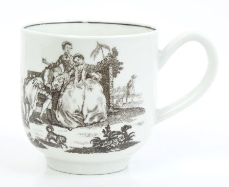 18th century Worcester Hancock printed coffee cup decorated with 'Peeping Tom' and classical garden statutory scenes, 6cm hig
