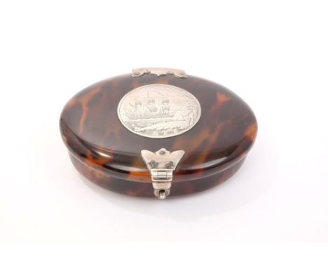 Rare 17th century tortoiseshell and silver mounted table snuff box of oval form, the lid with applied silver disc engraved wi