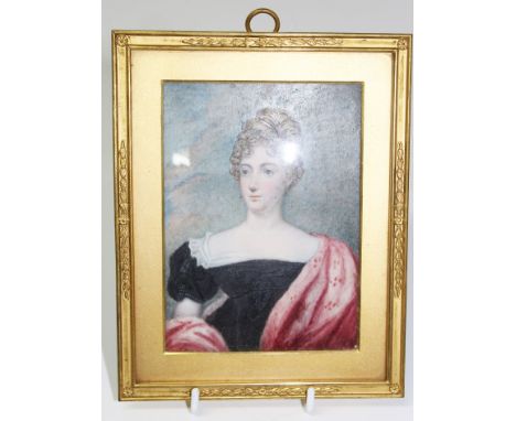 Emma Alston (early 19th century), watercolour on ivory - half-length portrait miniature of a young lady, named verso as Mrs H