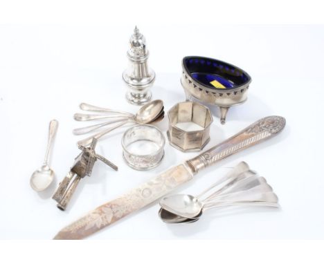 Georgian silver boat-shaped salt with blue glass liner, Dutch white metal windmill terminal for a punch ladle, set of six Geo