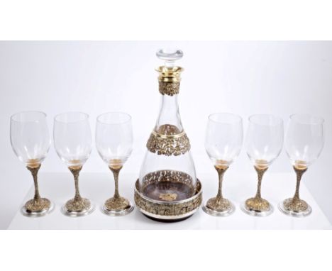 Contemporary decanter set - comprising crystal glass decanter with pierced silver gilt grapevine decoration and similar colla