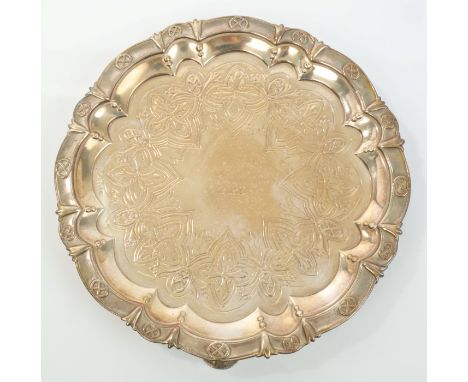 Early Victorian Irish silver salver of circular form, with piecrust border and cast Celtic cross and flower-head rim, central