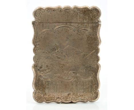 Early Victorian silver visiting card case of shaped rectangular form, with engine-turned decoration and chased and engraved l