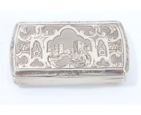 Early 19th century Continental silver snuff box of rectangular form, with engine-turned decoration and hinged cover with engr