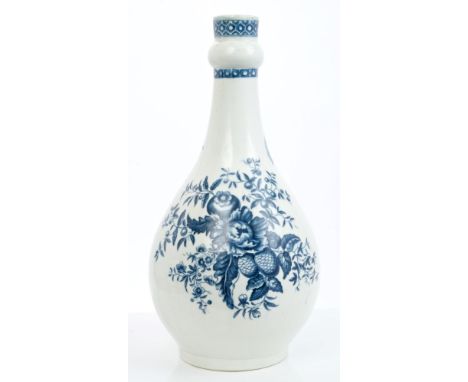 18th century Worcester blue and white guglet bottle with onion-shaped neck and printed Pinecone pattern - blue crescent mark,
