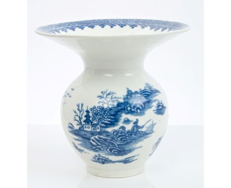 Scarce 18th century Worcester blue and white spittoon of conventional form, printed with Fisherman pattern - blue crescent ma