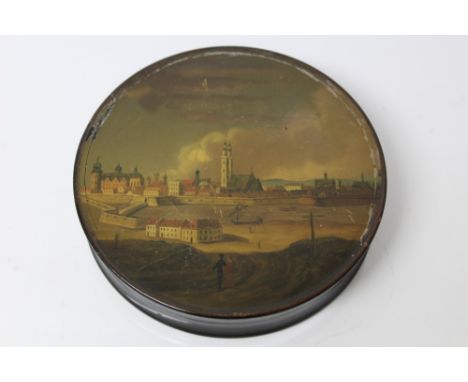 Early 19th century Continental painted papier mâché circular snuff box in the manner of Stobwasser, printed with harbour scen