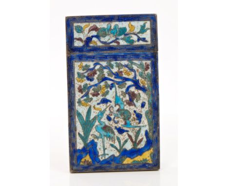 Late 19th century Chinese silver and enamel card case decorated with flora, deer, crane and bat, 8cm x 4.5cm   CONDITION REPO
