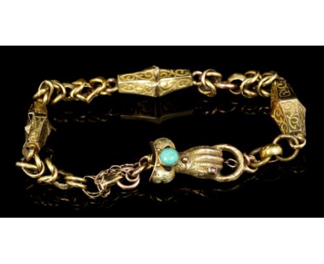 Regency yellow metal bracelet with fancy links and a 'hand' clasp modelled as a gloved-hand clasping a snake, 17cm long   CON