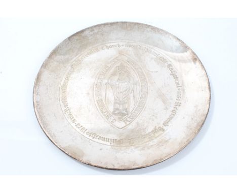 Contemporary Irish silver dish of circular form, decorated with engraved image of St. Patrick, commemorating the Restoration 