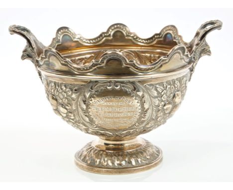 Victorian silver trophy rose bowl with twin eagle's head handles, embossed fruit and floral decoration and engraved military 