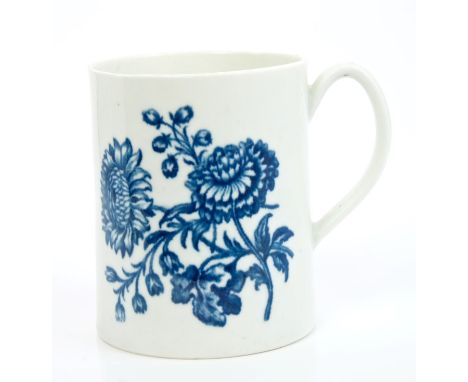 18th century Worcester blue and white mug of cylindrical form, with loop handle and printed sunflower and rose decoration - b