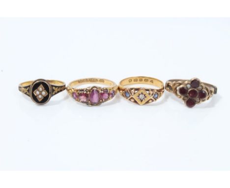 Group of four Victorian gold rings - to include Victorian gold (22ct) sapphire and diamond three stone ring (London 1873), si