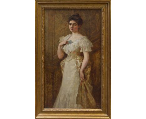 Edwardian English School oil on canvas - portrait of a pretty young lady with a posy of flowers, indistinctly signed, in gilt