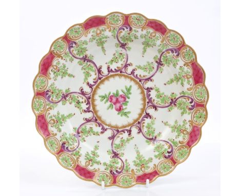 18th century Worcester Earl Manvers pattern with polychrome painted fruit and leaf sprays and pink, gilt and green fluted bor