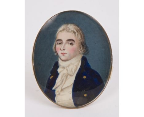 Attributed to William Charles Ross (1794 - 1860), miniature watercolour on ivory - portrait of a gentleman in blue coat and w