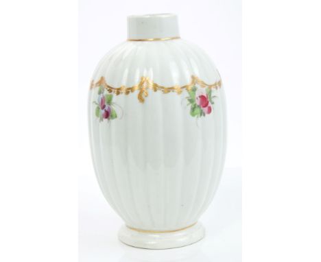18th century Worcester polychrome fluted oviform tea caddy with painted fruit and gilt rococo band, 13.5cm.Ex-Zorensky Collec