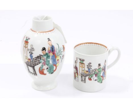 Mid-18th century Worcester polychrome oviform tea caddy with printed Chinese tea party decoration, circa 1770, 11.5cm and a m