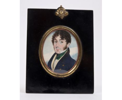 English School (circa 1820), miniature watercolour on ivory - portrait of a gentleman with blue coat and green cravat, advert