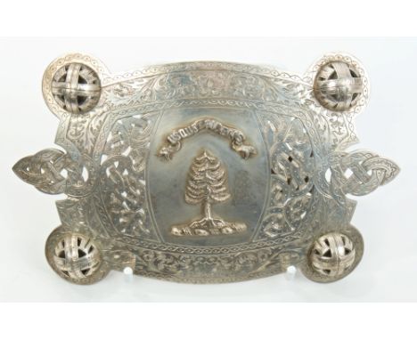 Edwardian Scottish silver belt buckle with Celtic decoration and central cartouche overlaid with Fir Tree crest and motto - '