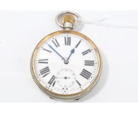 Edwardian Goliath pocket watch with Swiss eight day button-wind movement, enamel dial and subsidiary seconds, in plated case,