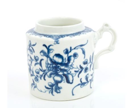 18th century Worcester blue and white mustard pot of drum form, with moulded handle, painted floral sprays - blue crescent ma