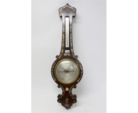 Late Regency barometer / thermometer with silvered dials, signed - Hanson, Windsor, in mother of pearl inlaid banjo-shaped ro