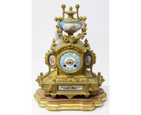 Late 19th century French gilt metal mantel clock with ornate case with porcelain mounts and dial with painted figures, cherub