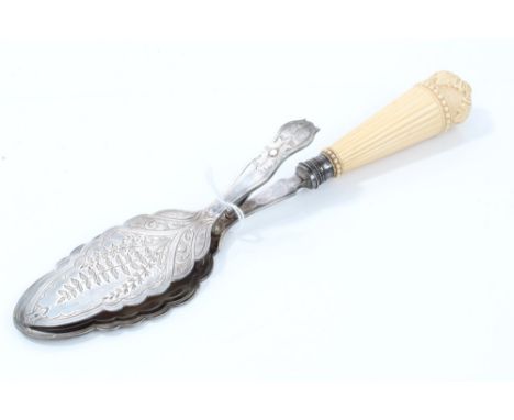 Victorian silver server with sprung-top and floral engraving and reeded floral carved handle, hallmarked Sheffield 1894, 28cm