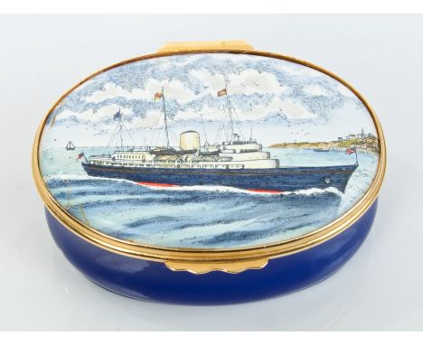 HM Queen Elizabeth II and HRH The Duke of Edinburgh - rare Royal Presentation Halcyon Days oval enamel box, the lid decorated