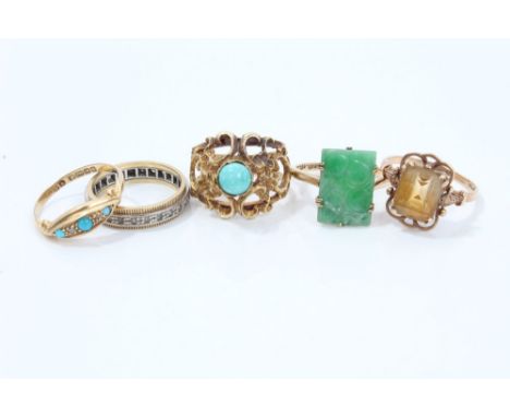 Five vintage gold and gem set rings - to include gold (18ct) turquoise and diamond ring (Birmingham 1922), Chinese carved jad