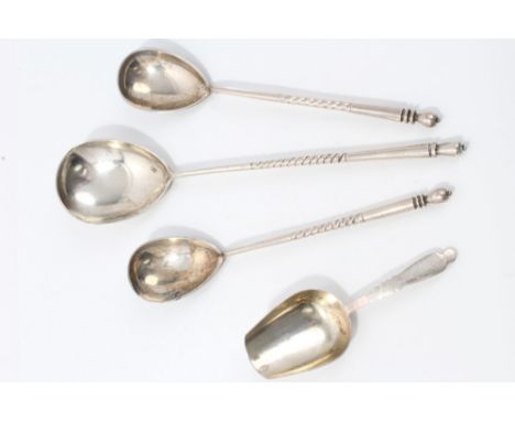 Pair Imperial Russian silver spoons with niello work bowls and twist stems, pre-1908 84 Standard marks, together with a large