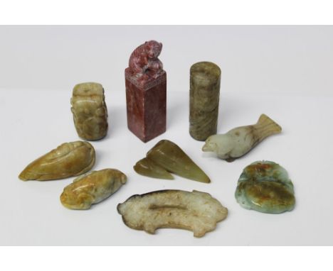 Collection of nine Chinese jade and hardstone carvings - the largest 8cm high