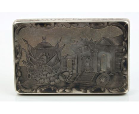 Early 19th century Imperial Russian silver and niello work snuff box of rectangular form, hinged cover with engraved scene of