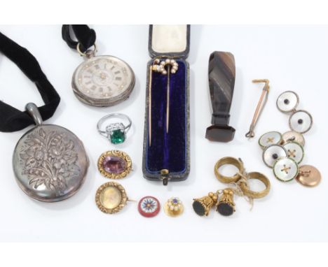 Group of antique jewellery - to include pair gold, enamel and mother of pearl cufflinks, Georgian purple stone brooch, Victor