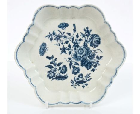 18th century Worcester blue and white teapot stand with printed floral and butterfly decoration - blue crescent mark