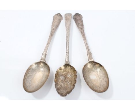 Georgian berry tablespoon with later decoration and pair George IV tablespoons with Celtic bands, hallmarked Edinburgh 1826 (