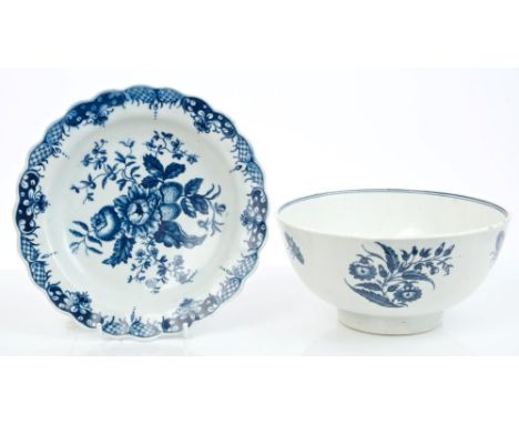 18th century Worcester blue and white fluted dish with printed Pinecone pattern - blue crescent mark, 18cm and an 18th centur