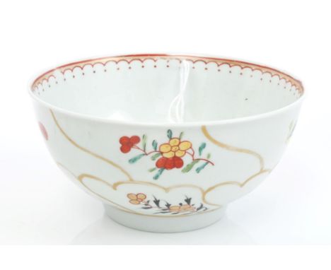 Mid-18th century Worcester bowl with gilt segmented panel with polychrome floral sprays and insects, 10cm diameter.Ex-Zorensk